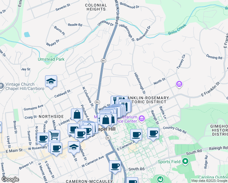 map of restaurants, bars, coffee shops, grocery stores, and more near 9 Cobb Terrace in Chapel Hill