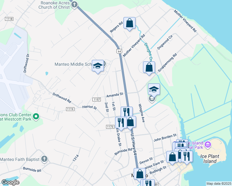 map of restaurants, bars, coffee shops, grocery stores, and more near 701 Amanda Street in Manteo