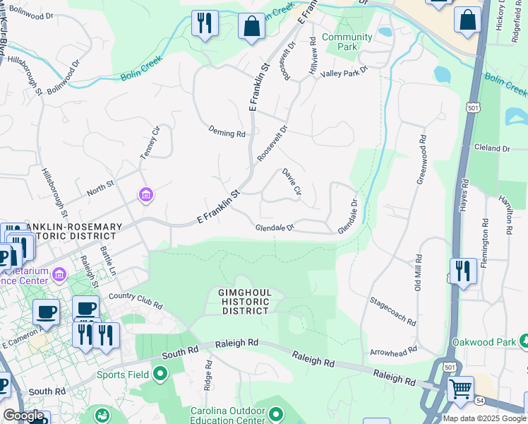 map of restaurants, bars, coffee shops, grocery stores, and more near 105 Jones Street in Chapel Hill