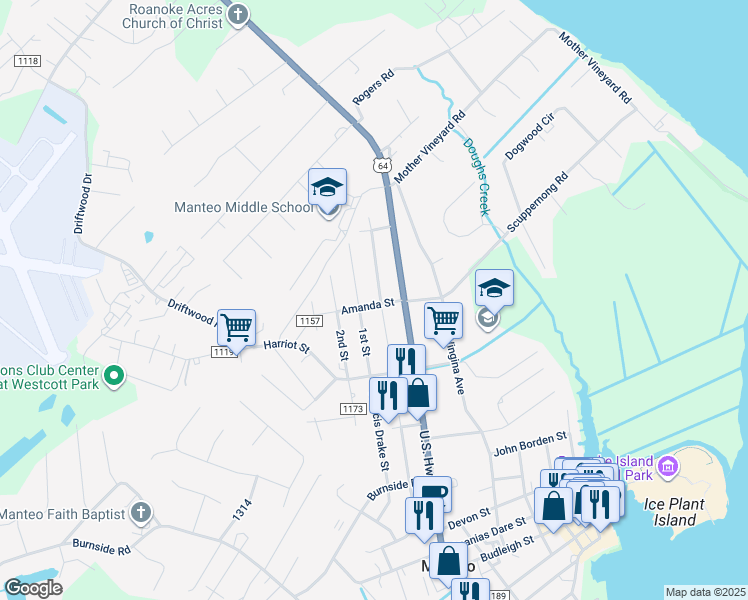 map of restaurants, bars, coffee shops, grocery stores, and more near 701 Amanda Street in Manteo