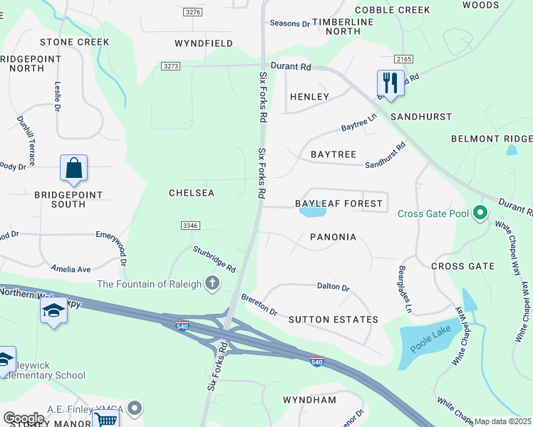 map of restaurants, bars, coffee shops, grocery stores, and more near 229 Bayleaf Drive in Raleigh