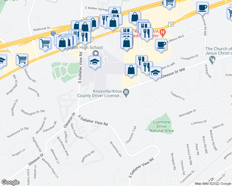 map of restaurants, bars, coffee shops, grocery stores, and more near 8316 Gleason Dr in Knoxville