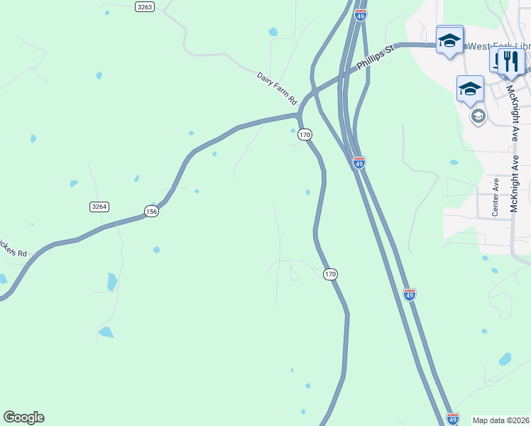 map of restaurants, bars, coffee shops, grocery stores, and more near 13807 Arkansas 170 in West Fork