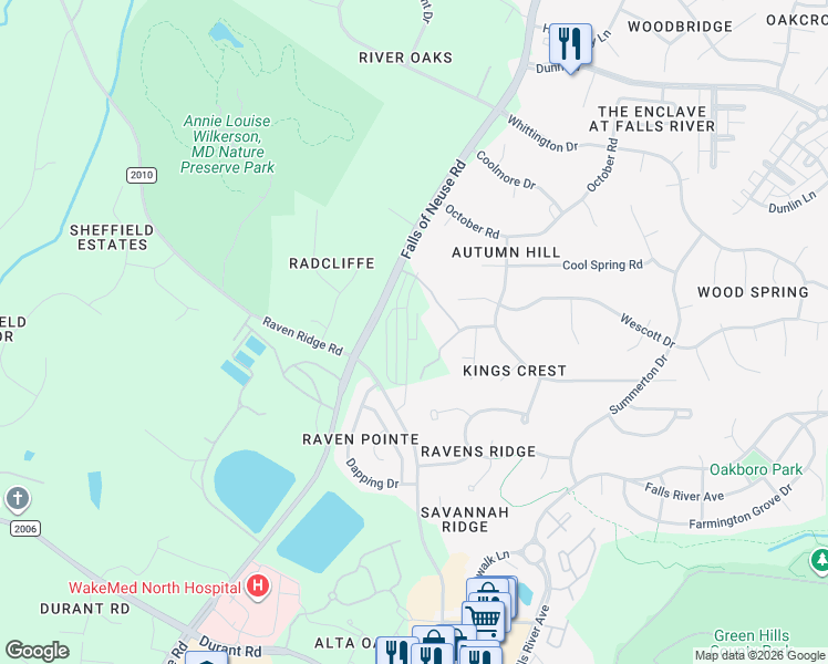 map of restaurants, bars, coffee shops, grocery stores, and more near 10600 Falls of Neuse Road in Raleigh