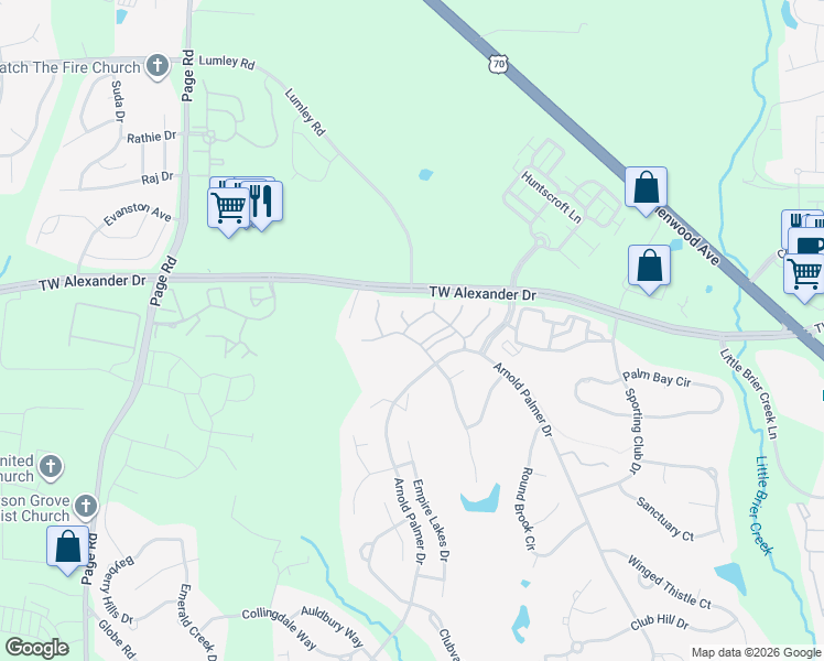map of restaurants, bars, coffee shops, grocery stores, and more near 11233 Presidio Drive in Raleigh