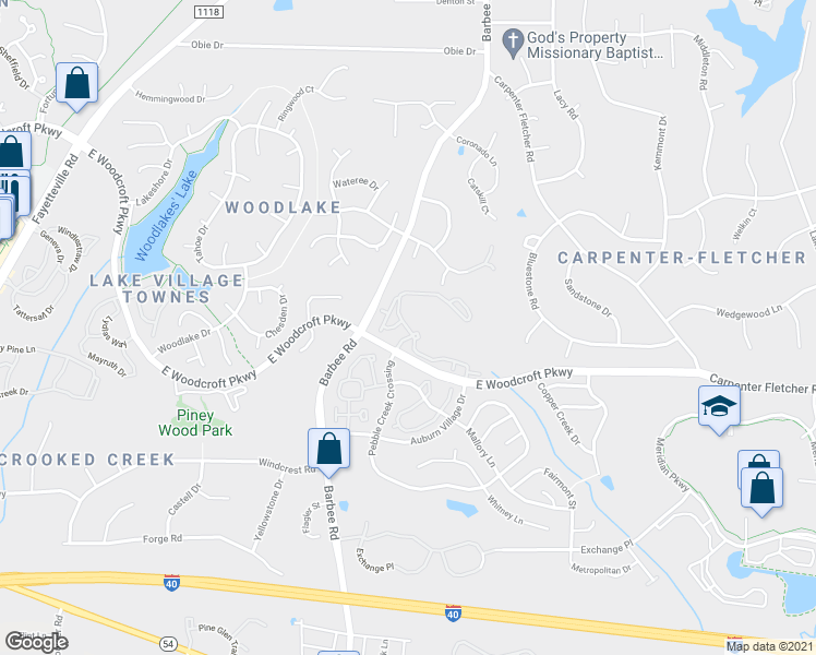 map of restaurants, bars, coffee shops, grocery stores, and more near 1100 Auburn Village Drive in Durham
