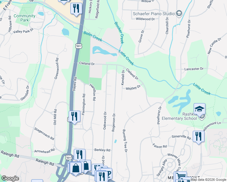 map of restaurants, bars, coffee shops, grocery stores, and more near 14 Kendall Drive in Chapel Hill