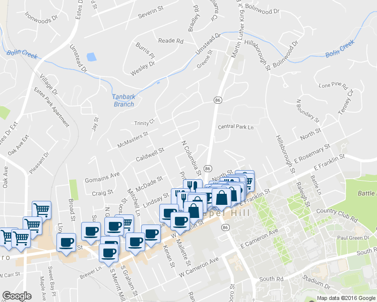 map of restaurants, bars, coffee shops, grocery stores, and more near 622 North Columbia Street in Chapel Hill