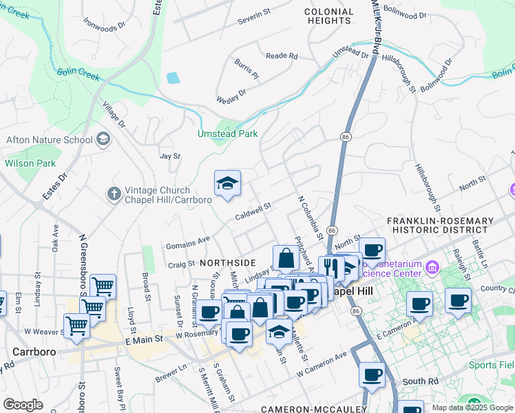 map of restaurants, bars, coffee shops, grocery stores, and more near 701 Caldwell Street in Chapel Hill