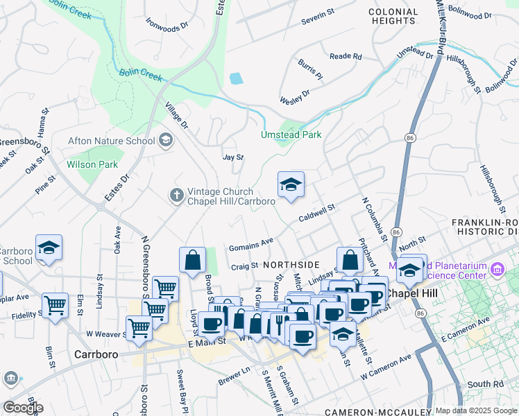 map of restaurants, bars, coffee shops, grocery stores, and more near 337 McMasters Street in Chapel Hill