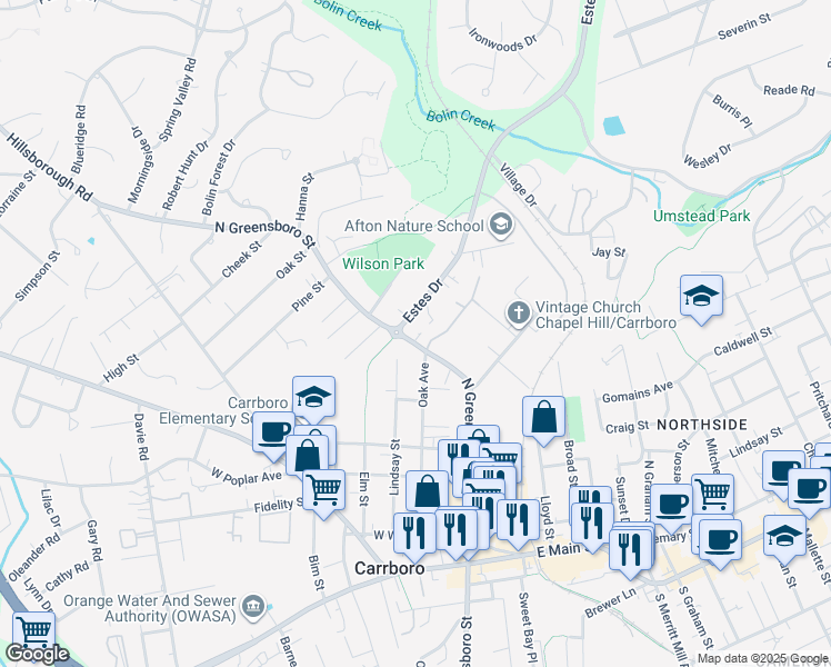map of restaurants, bars, coffee shops, grocery stores, and more near 700 North Greensboro Street in Carrboro