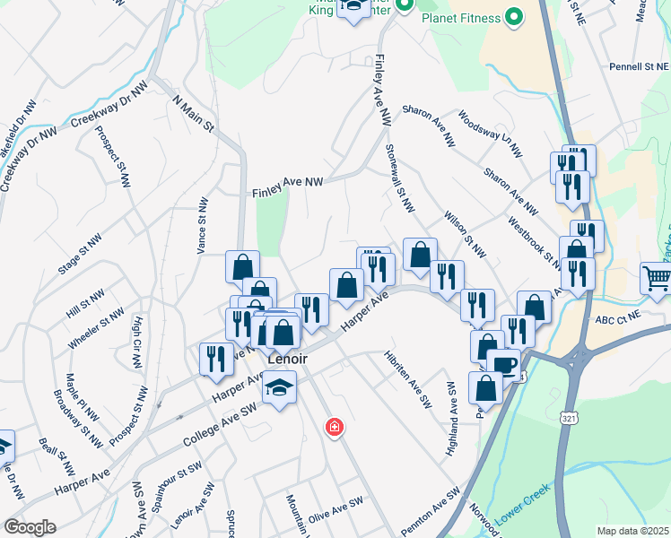 map of restaurants, bars, coffee shops, grocery stores, and more near 506 Harper Avenue in Lenoir