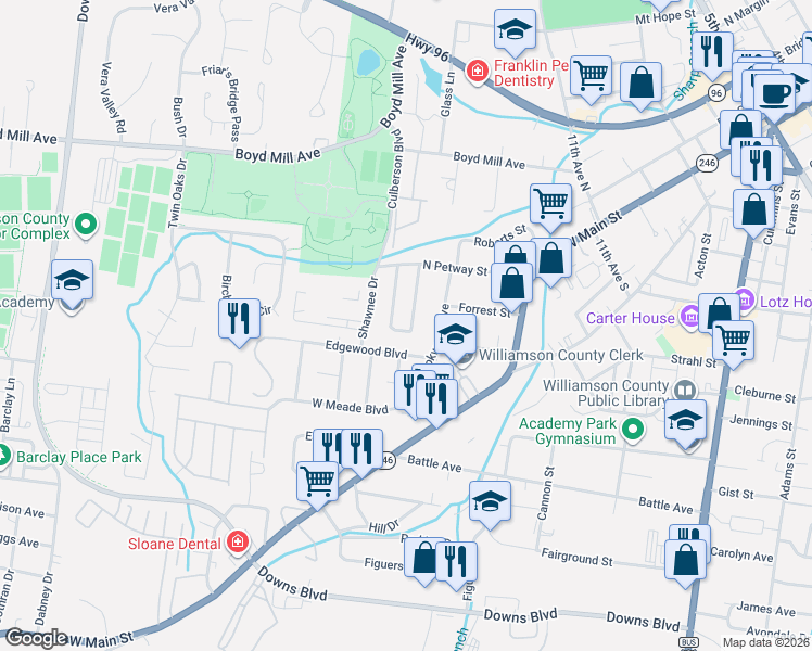 map of restaurants, bars, coffee shops, grocery stores, and more near 801 West End Circle in Franklin