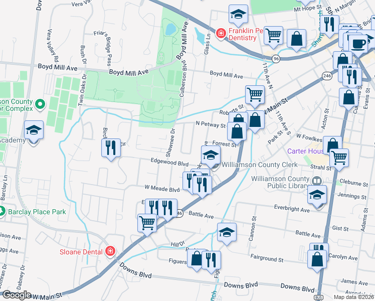 map of restaurants, bars, coffee shops, grocery stores, and more near 801 West End Circle in Franklin