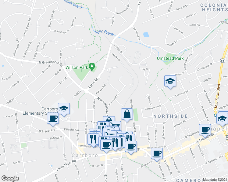 map of restaurants, bars, coffee shops, grocery stores, and more near 101 Hillview Street in Carrboro