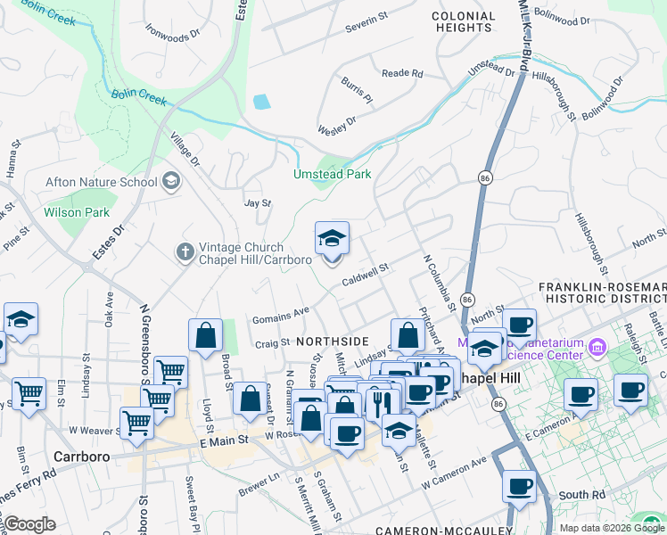 map of restaurants, bars, coffee shops, grocery stores, and more near 350 Caldwell Street in Chapel Hill