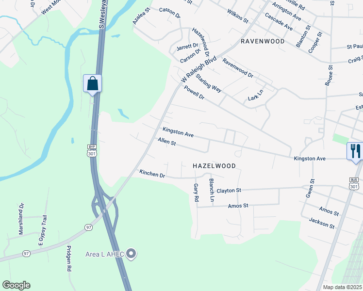 map of restaurants, bars, coffee shops, grocery stores, and more near Allen Street in Rocky Mount