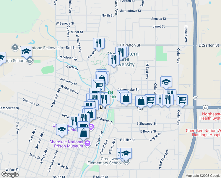 map of restaurants, bars, coffee shops, grocery stores, and more near 558 North Water Avenue in Tahlequah