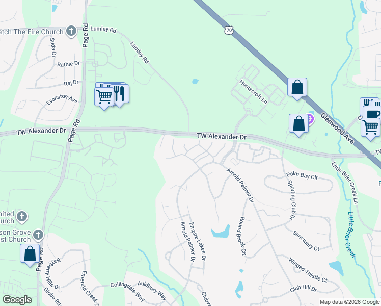 map of restaurants, bars, coffee shops, grocery stores, and more near 11233 Presidio Drive in Raleigh