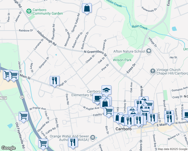 map of restaurants, bars, coffee shops, grocery stores, and more near 114 Pine Street in Carrboro