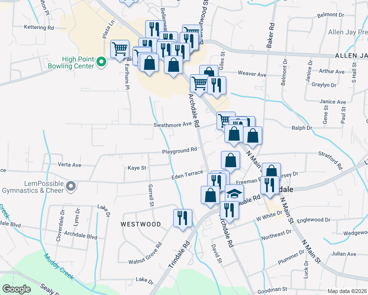 map of restaurants, bars, coffee shops, grocery stores, and more near 312 Playground Road in Archdale