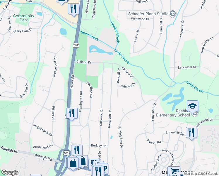 map of restaurants, bars, coffee shops, grocery stores, and more near 14 Kendall Drive in Chapel Hill