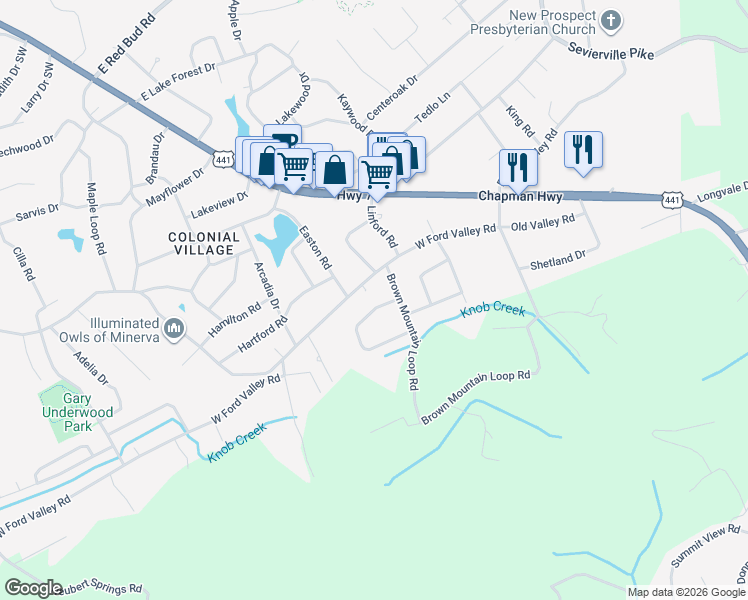 map of restaurants, bars, coffee shops, grocery stores, and more near 205 Mount David Drive in Knoxville
