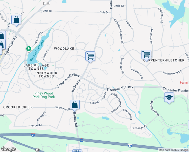map of restaurants, bars, coffee shops, grocery stores, and more near 1100 Auburn Village Drive in Durham