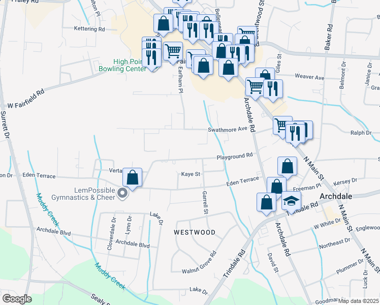 map of restaurants, bars, coffee shops, grocery stores, and more near 508 Playground Road in Archdale