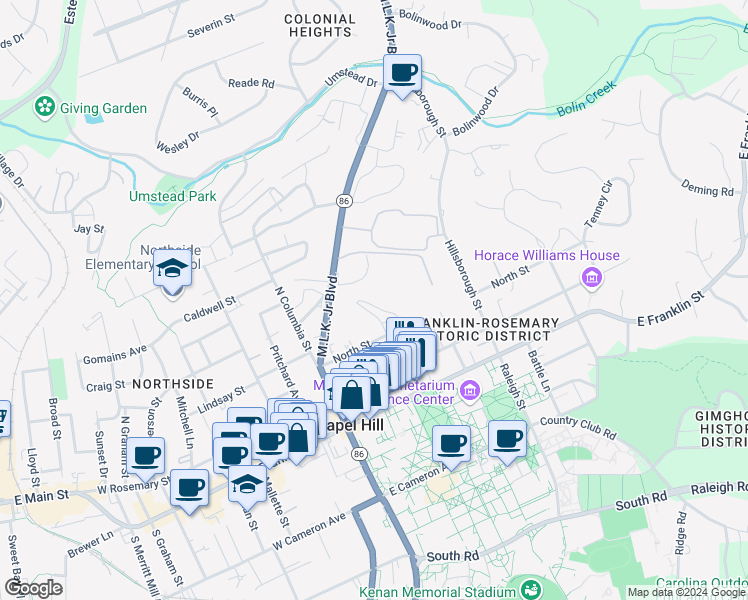 map of restaurants, bars, coffee shops, grocery stores, and more near 11 Cobb Terrace in Chapel Hill