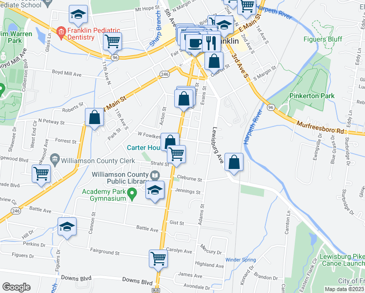 map of restaurants, bars, coffee shops, grocery stores, and more near 1117 Columbia Avenue in Franklin