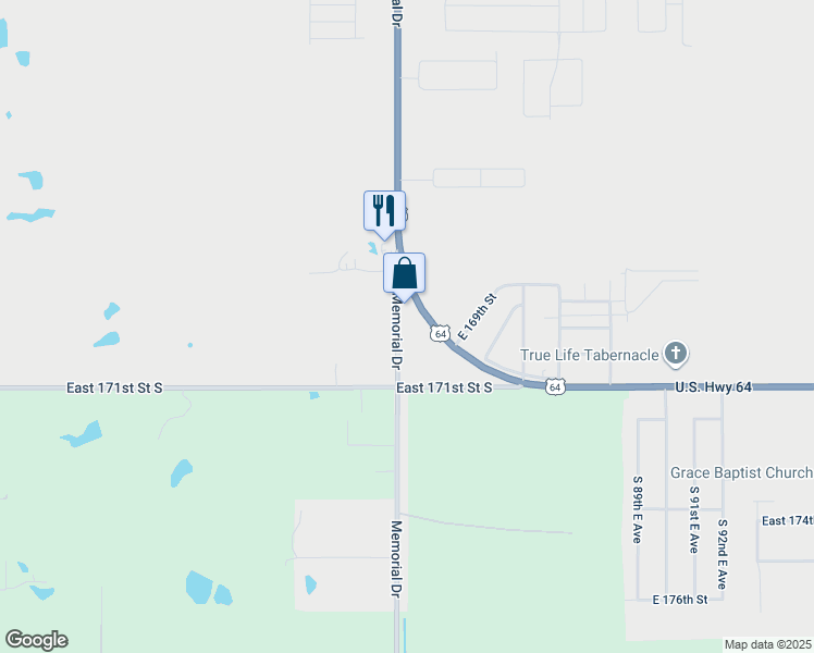 map of restaurants, bars, coffee shops, grocery stores, and more near 16923b South Memorial Drive in Bixby