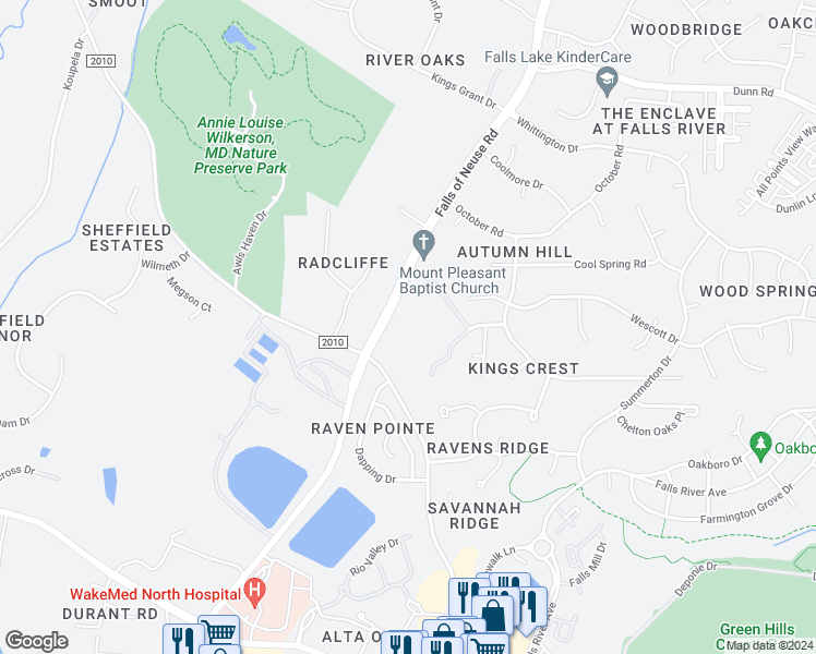 map of restaurants, bars, coffee shops, grocery stores, and more near 10600 Falls of Neuse Road in Raleigh