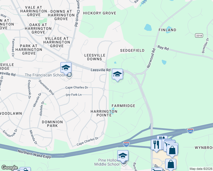 map of restaurants, bars, coffee shops, grocery stores, and more near 9706 Renfield Drive in Raleigh