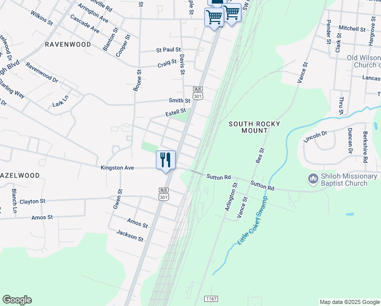 map of restaurants, bars, coffee shops, grocery stores, and more near 116 Home Street in Rocky Mount