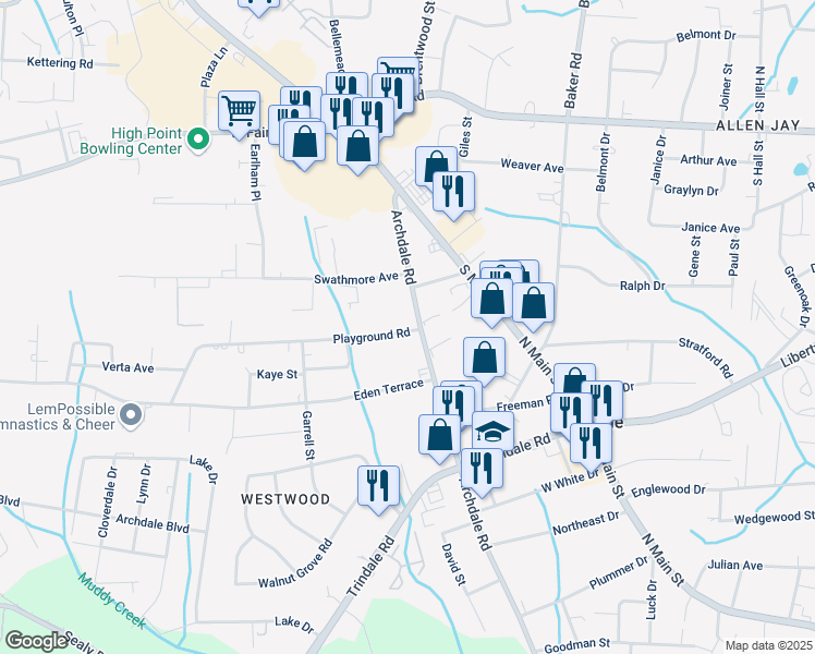 map of restaurants, bars, coffee shops, grocery stores, and more near 3012 Archdale Road in Archdale