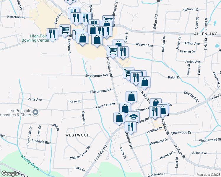 map of restaurants, bars, coffee shops, grocery stores, and more near 3012 Archdale Road in Archdale