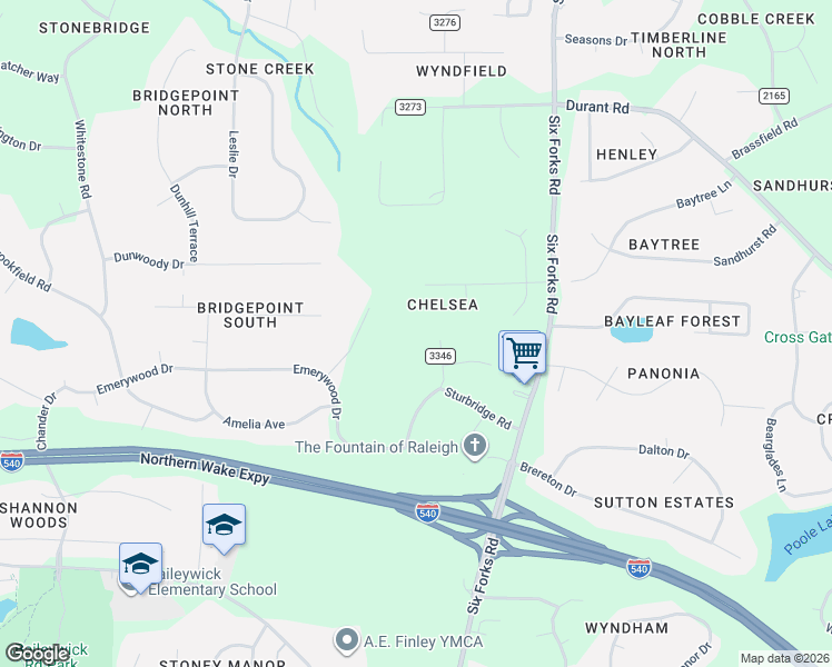 map of restaurants, bars, coffee shops, grocery stores, and more near 9913 Longford Drive in Raleigh