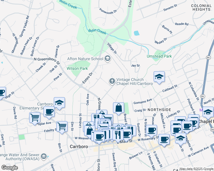 map of restaurants, bars, coffee shops, grocery stores, and more near 101 Hillview Street in Carrboro