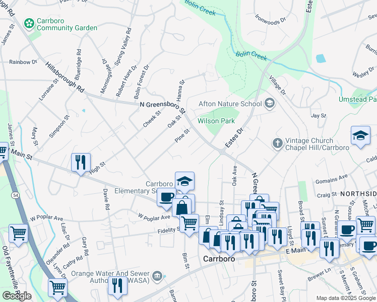 map of restaurants, bars, coffee shops, grocery stores, and more near 109 Sue Ann Court in Carrboro