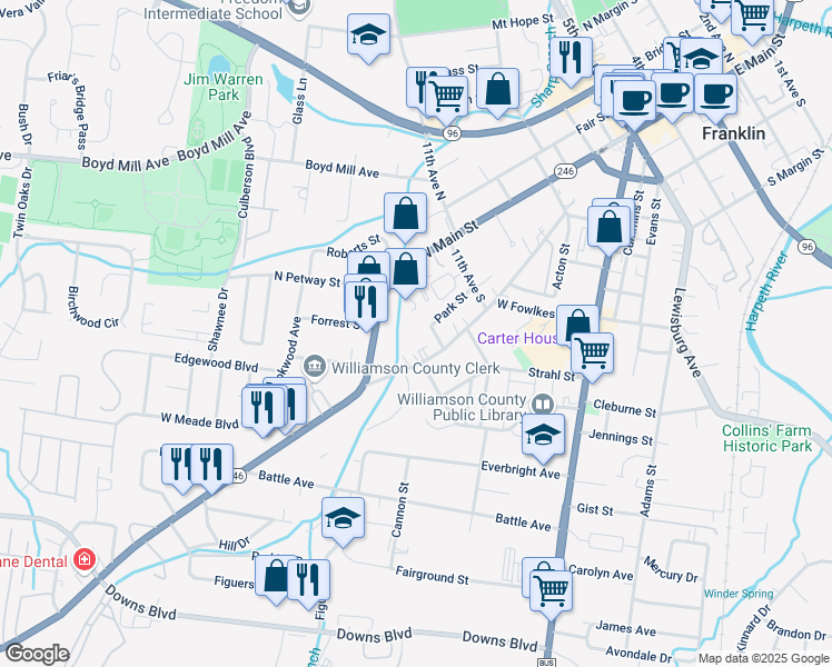 map of restaurants, bars, coffee shops, grocery stores, and more near 1132 Park Street in Franklin