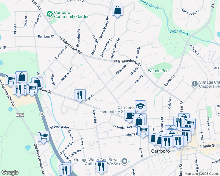 map of restaurants, bars, coffee shops, grocery stores, and more near 402 Hillsborough Road in Carrboro