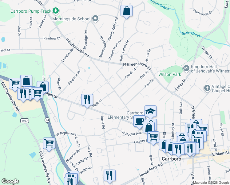 map of restaurants, bars, coffee shops, grocery stores, and more near 402 Hillsborough Road in Carrboro