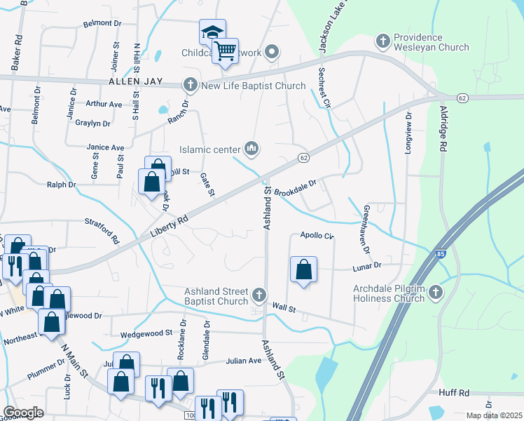 map of restaurants, bars, coffee shops, grocery stores, and more near 655 Ashland Street in Archdale
