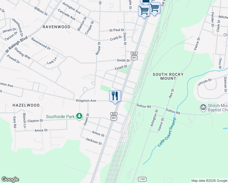 map of restaurants, bars, coffee shops, grocery stores, and more near 209 Home Street in Rocky Mount