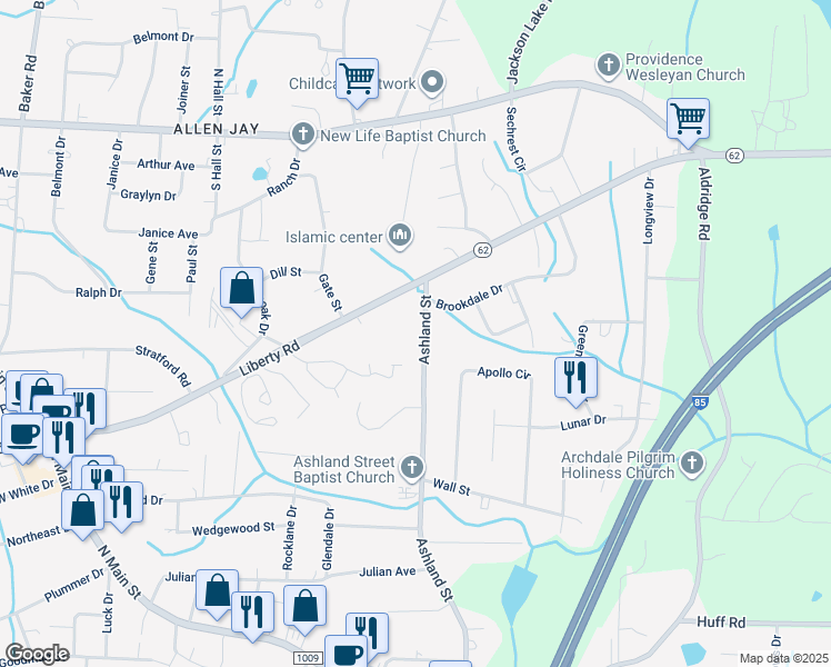 map of restaurants, bars, coffee shops, grocery stores, and more near 655 Ashland Street in Archdale