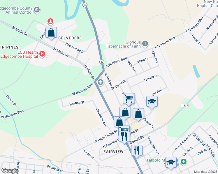 map of restaurants, bars, coffee shops, grocery stores, and more near 2302 Saint Andrew Street in Tarboro