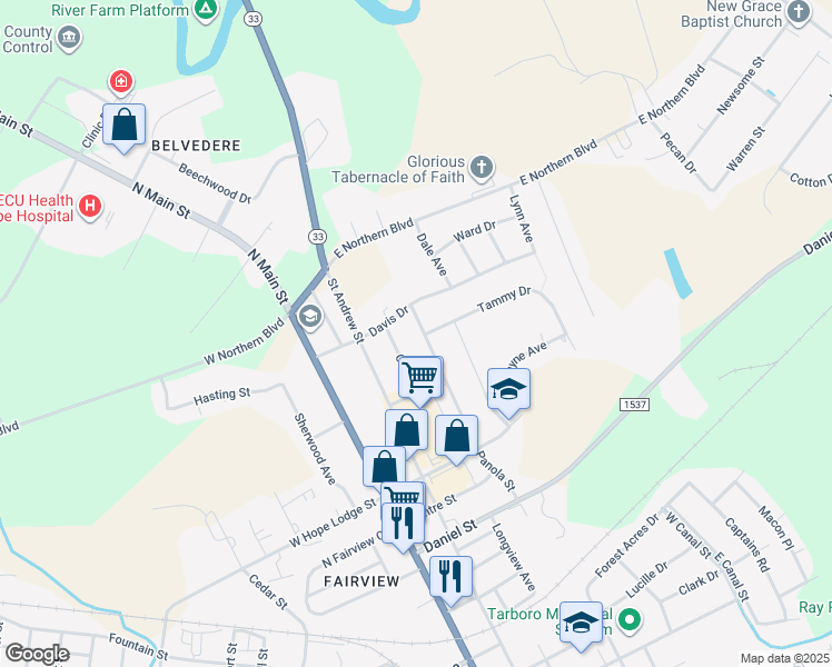 map of restaurants, bars, coffee shops, grocery stores, and more near 2300 Panola Street in Tarboro