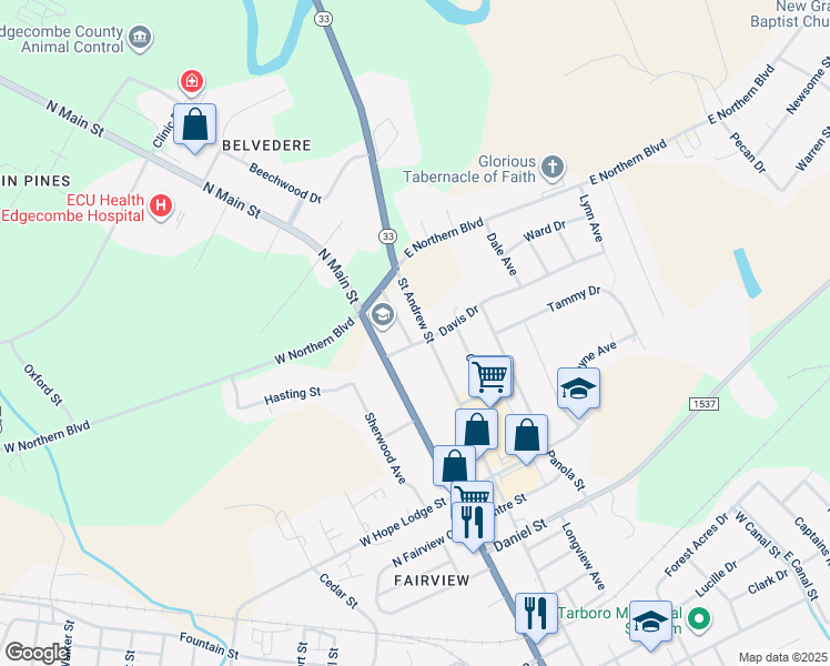 map of restaurants, bars, coffee shops, grocery stores, and more near 2302 Saint Andrew Street in Tarboro