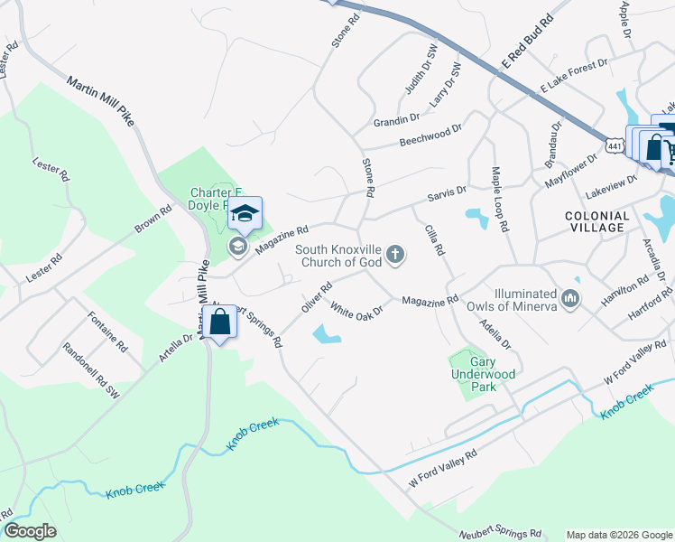 map of restaurants, bars, coffee shops, grocery stores, and more near 713 Oliver Road in Knoxville